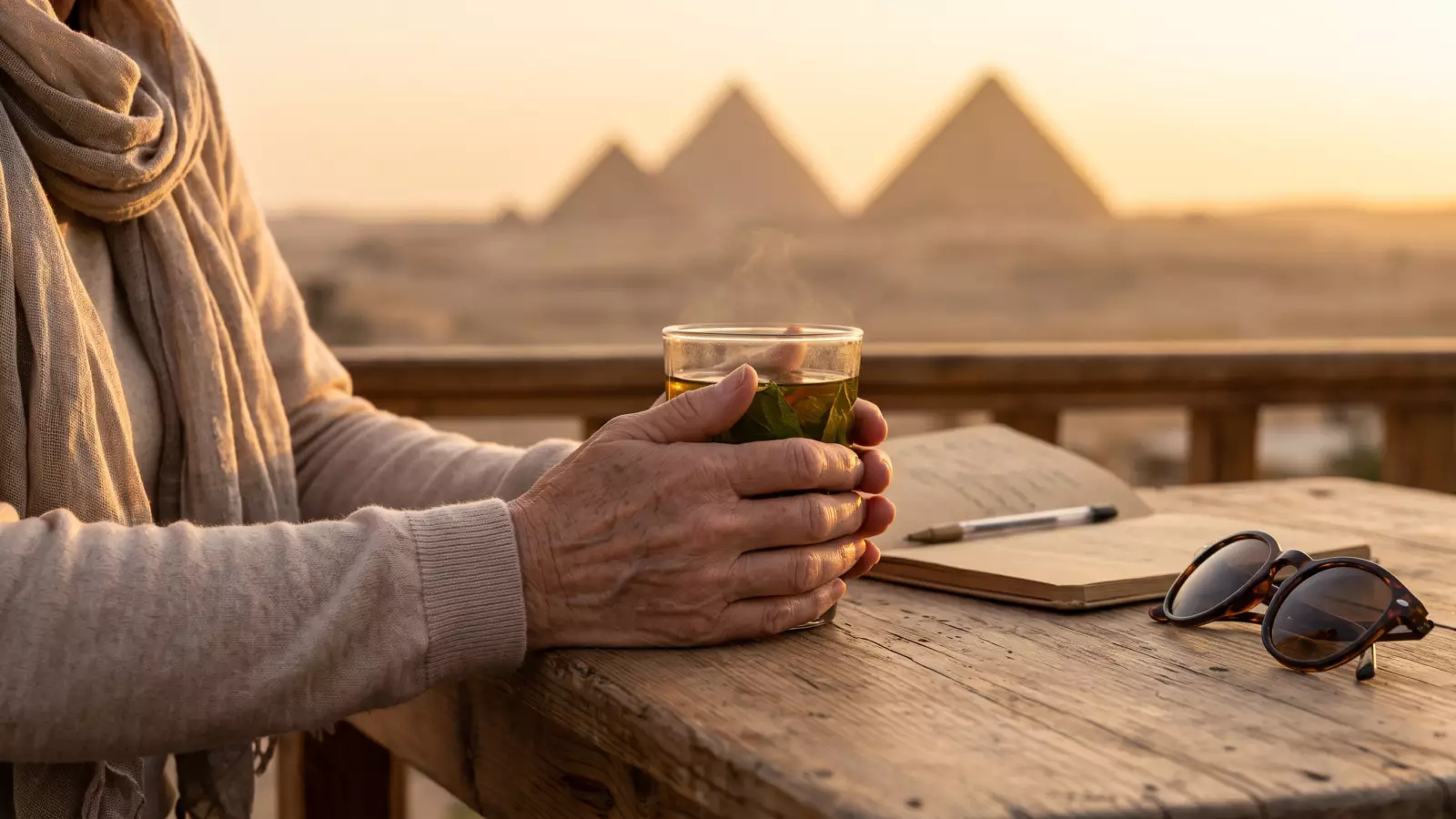 Mani che tengono un bicchiere di tè alla menta accanto a un taccuino su una terrazza al tramonto, con le Piramidi di Giza sfocate sullo sfondo