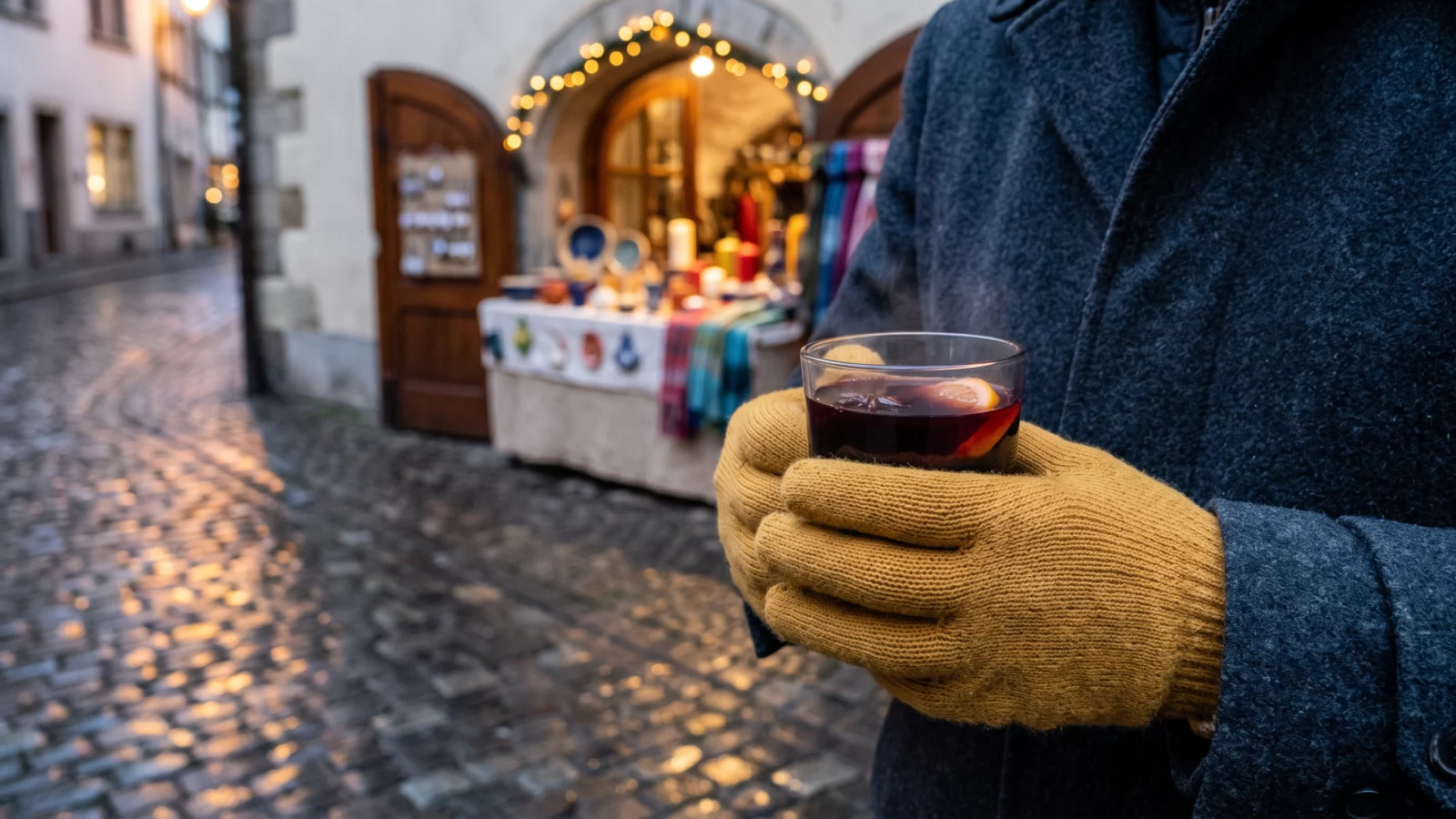 Mani con i guanti che stringono un bicchiere di vin brûlé davanti a una cantina in pietra con oggetti artigianali, al mercatino di Natale