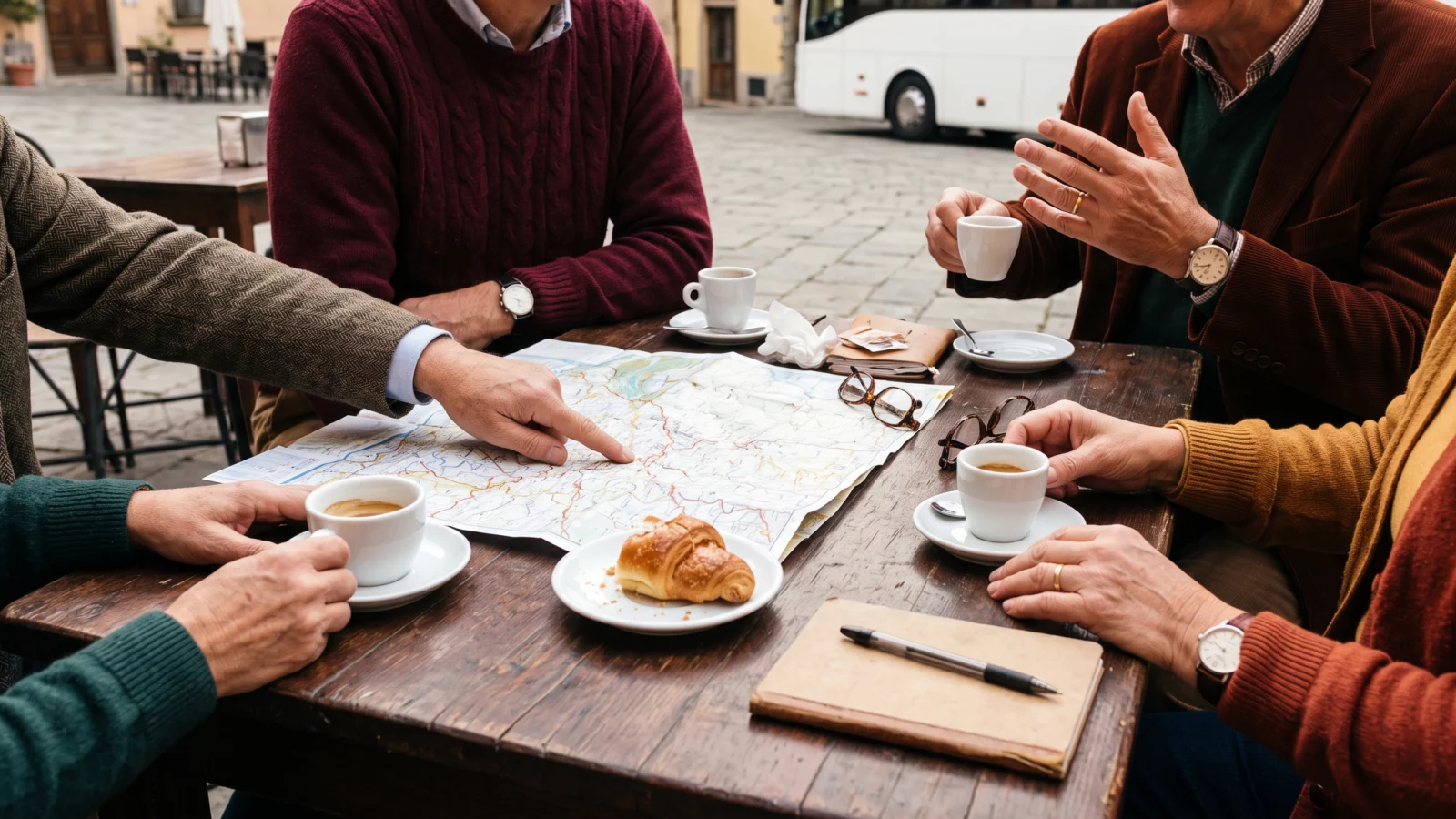 Mani di un gruppo di viaggiatori attorno a un tavolino con tazzine di caffè e una cartina, durante una sosta in un borgo