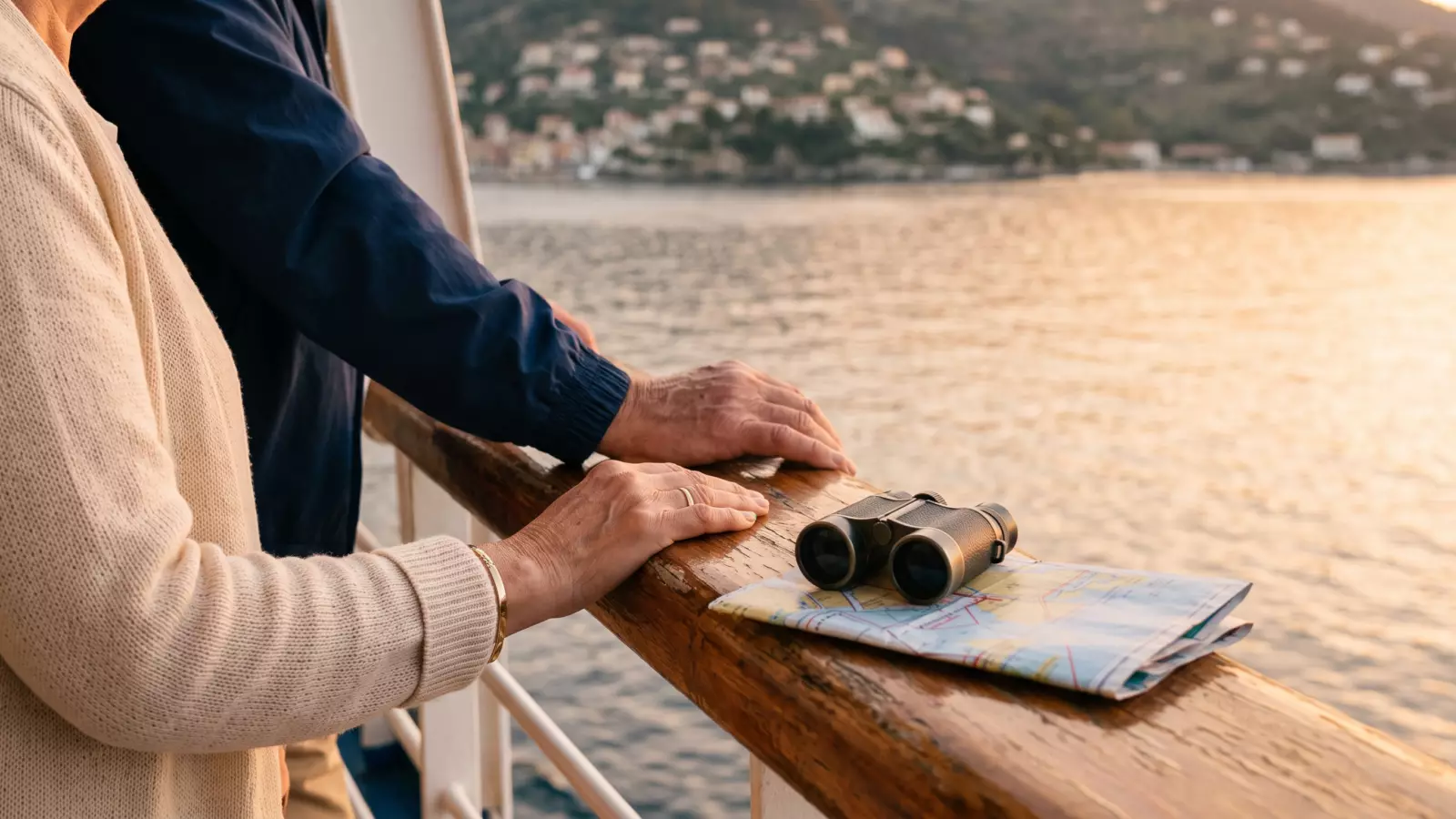Mani di due viaggiatori appoggiate al corrimano del ponte di una nave, con il mare e la costa al tramonto