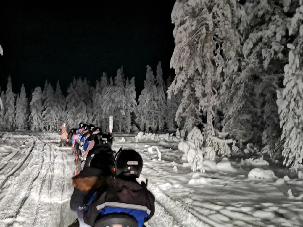 Il gruppo di spalle lungo un sentiero innevato in Lapponia, di notte